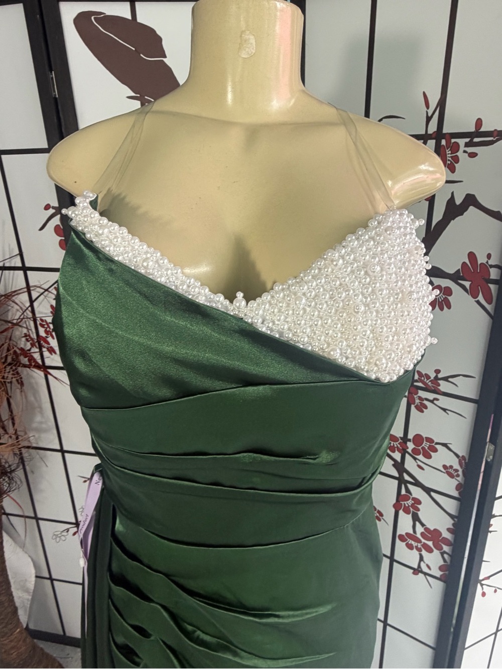 Beaded Emerald Green Satin Prom Gown - Picture 8 of 9